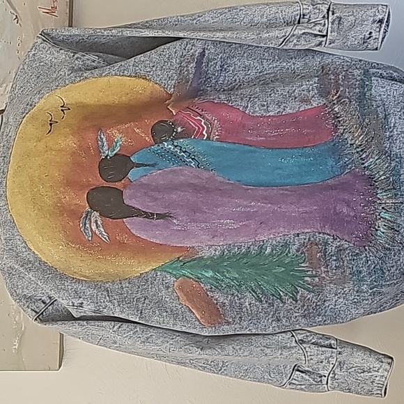 Eunina vtg 80s long jean denim jacket Southwestern artwork Native made in USA - Picture 4 of 14